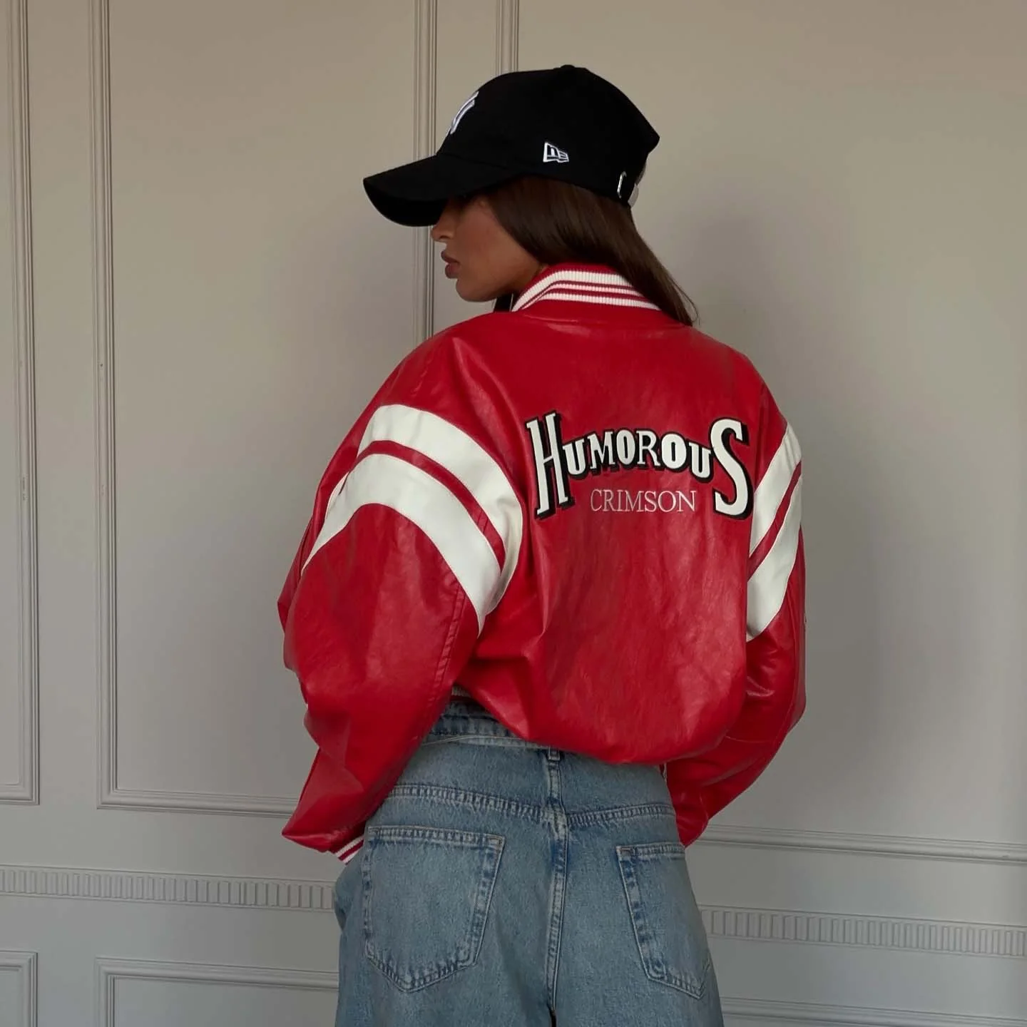 Premium locomotive style letter printing PU leather jacket short jacket women's  spring street trend contrasting coat - Deanwangkt