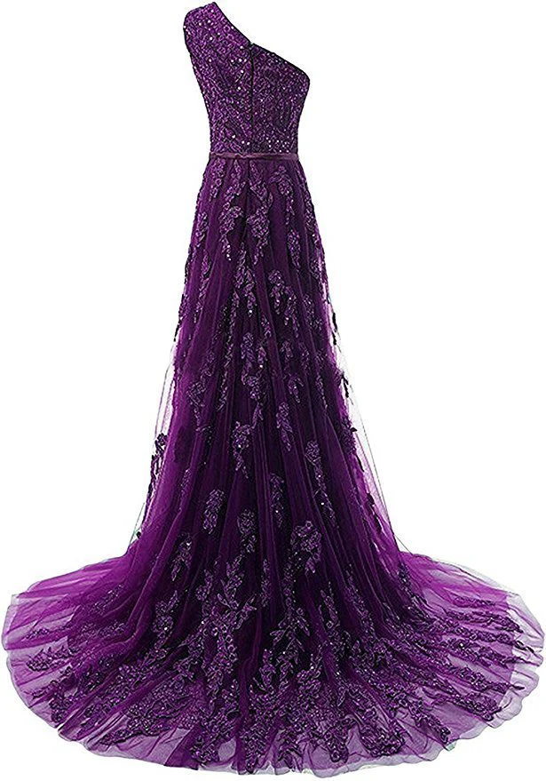 Solvbao Dark Purple One Shoulder Lace Applique Prom Dress , Long Formal Gown - Deanwangkt