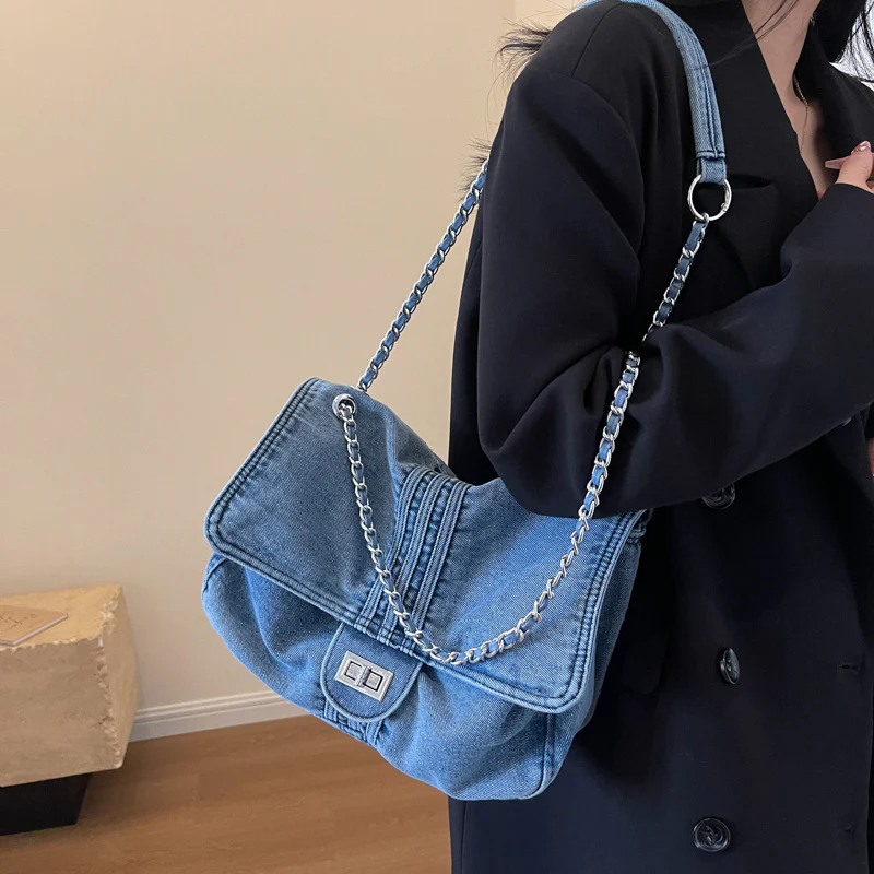 Denim Bag for Women  New Fashion Large Capacity Chain Shoulder Bag High-Grade Sentong Qin Tote Hobo Bag - Deanwangkt
