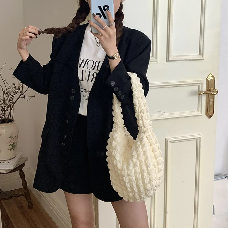 DEANWANGKT 2025 Korean version ins cute pleated bag woman, simple cloud bag puff underarm bag commuter large-capacity shoulder bag woman - Deanwangkt