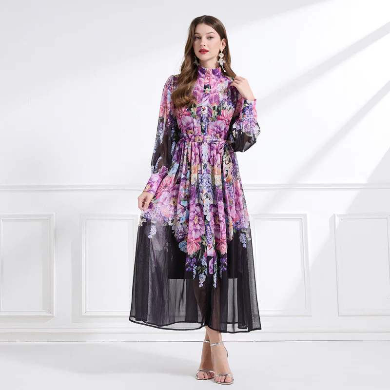 Popular trade women's clothing stand-up collar watercolor flower printing lantern sleeves waist large skirt ruffle edge skirt - two-piece set - Deanwangkt