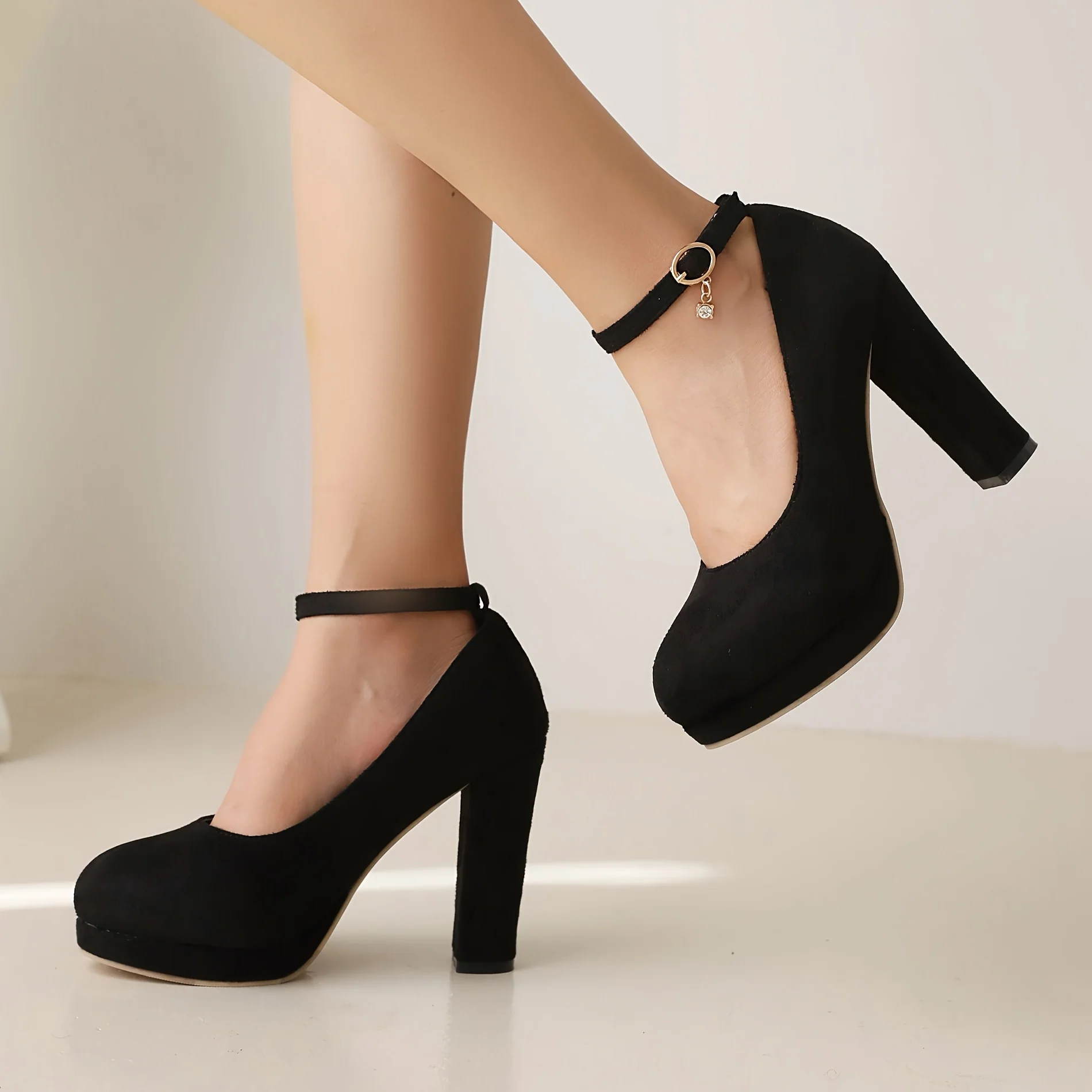 deanwangkt  Women's Platform Dress Pumps, Elegant Black Ankle Strap Block High Heels, All-Match Evening Shoes - Deanwangkt