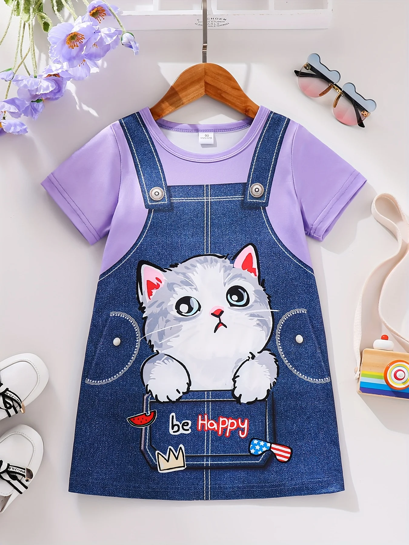 Girls Adorable 3D Cartoon Cat Graphic Round Neck Short Sleeve Dress - Soft Slight Stretch Polyester Fabric, Elegant Style, Machine Washable, Perfect for Spring, Summer, and Fall Daily Wear - Deanwangkt