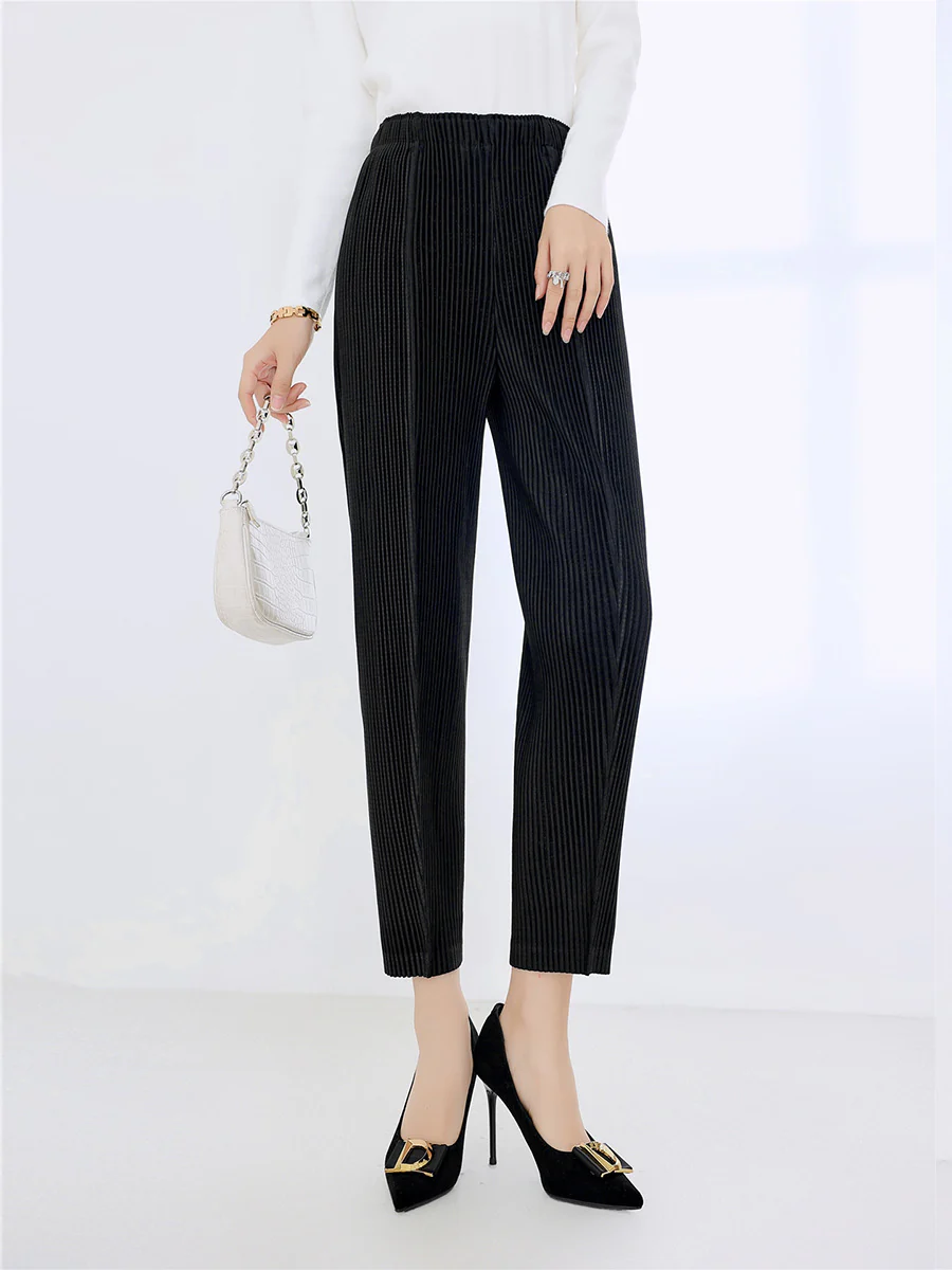 2025 Miyake counter pleated pants children's autumn small foot pencil pants slim and thin elastic waist versatile casual pants women - Deanwangkt