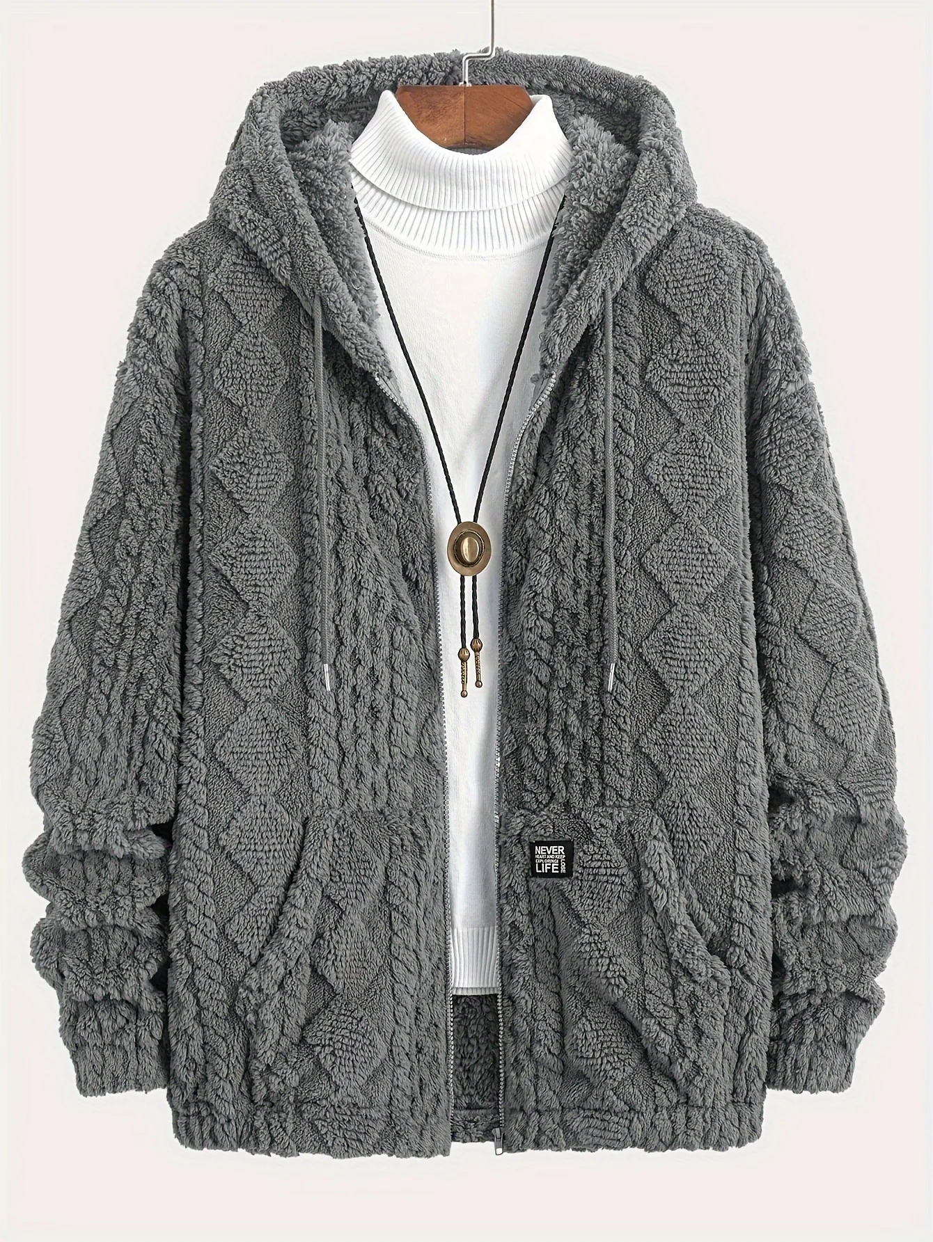 Men's Casual Hoodie with Geometric Jacquard - Reversible Plush Fleece, Zip-Up Drawstring Pullover for Fall/Winter, PLUS SIZE - Deanwangkt