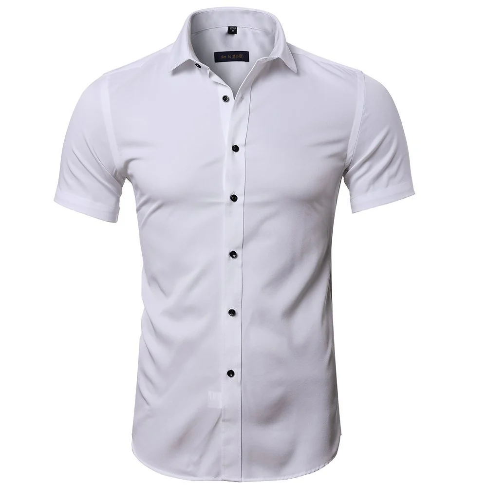 DEANWANGKT 2025 Popular trade business men's short-sleeved shirt  men's shirt non-ironing bamboo fiber solid color white inch shirt wholesale - Deanwangkt