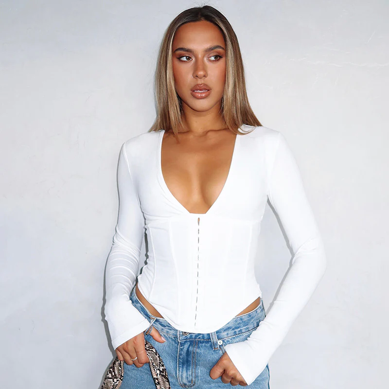 DEANWANGKT Cross-border wholesale autumn new women's clothing fashion solid color V-neck simple slim long-sleeved top women's versatile bottom T-shirt - Deanwangkt