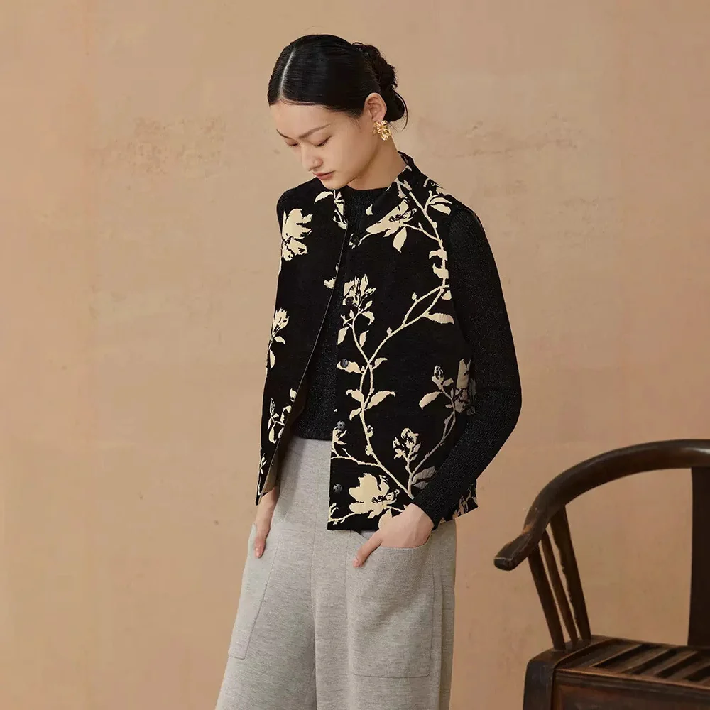 New Chinese vest, new jacquard stand-up collar to jade buckle vest for women, retro Chinese outer vest B0806 - Deanwangkt