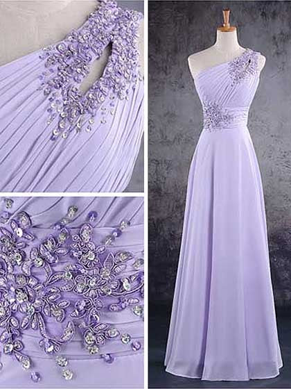 Solvbao Light Purple One Shoulder Lace Applique Chiffon Party Dress, A-line Bridesmaid Dress - Deanwangkt