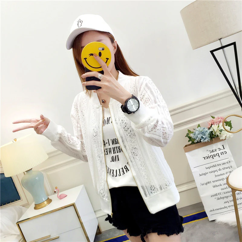 DEANWANGKT  New  Summer Long-Sleeve Lace Shirt Beach Sun Protection Clothing Women's Hollow-out Short Slim-Fit Zipper Baseball Uniform Jacket - Deanwangkt
