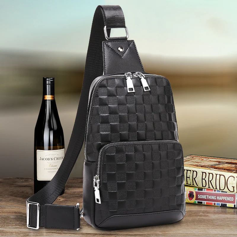 deanwangkt  Cross-Border Fashion Casual Men's Messenger Bag Cowhide Trendy Business Backpack Men's Plaid Men's Chest Bag Genuine Leather - Deanwangkt