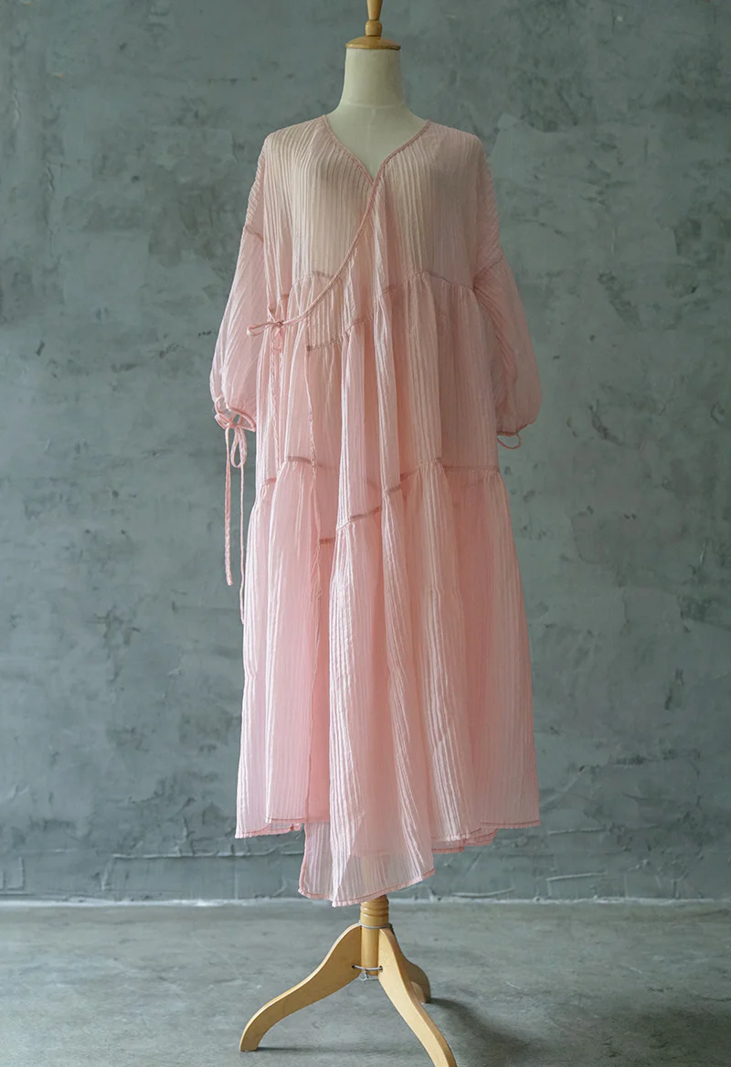 cool diagonal placket lace-up age-reducing dress, national style light Chinese Tencel crumpled long skirt L2115 - Deanwangkt