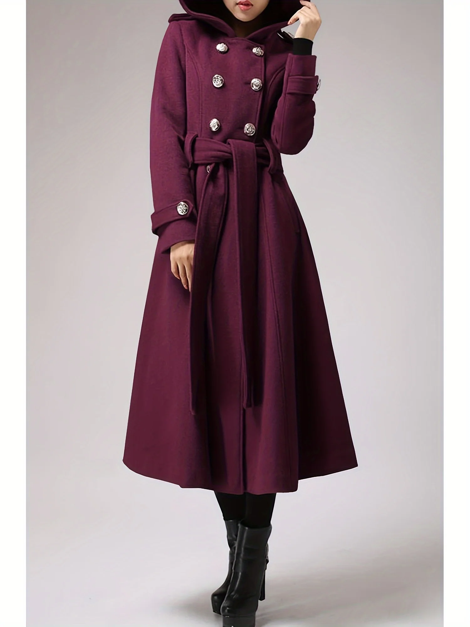 Womens Long Double-Breasted Hooded Coat Warm Woolen Coat With Belts - Deanwangkt