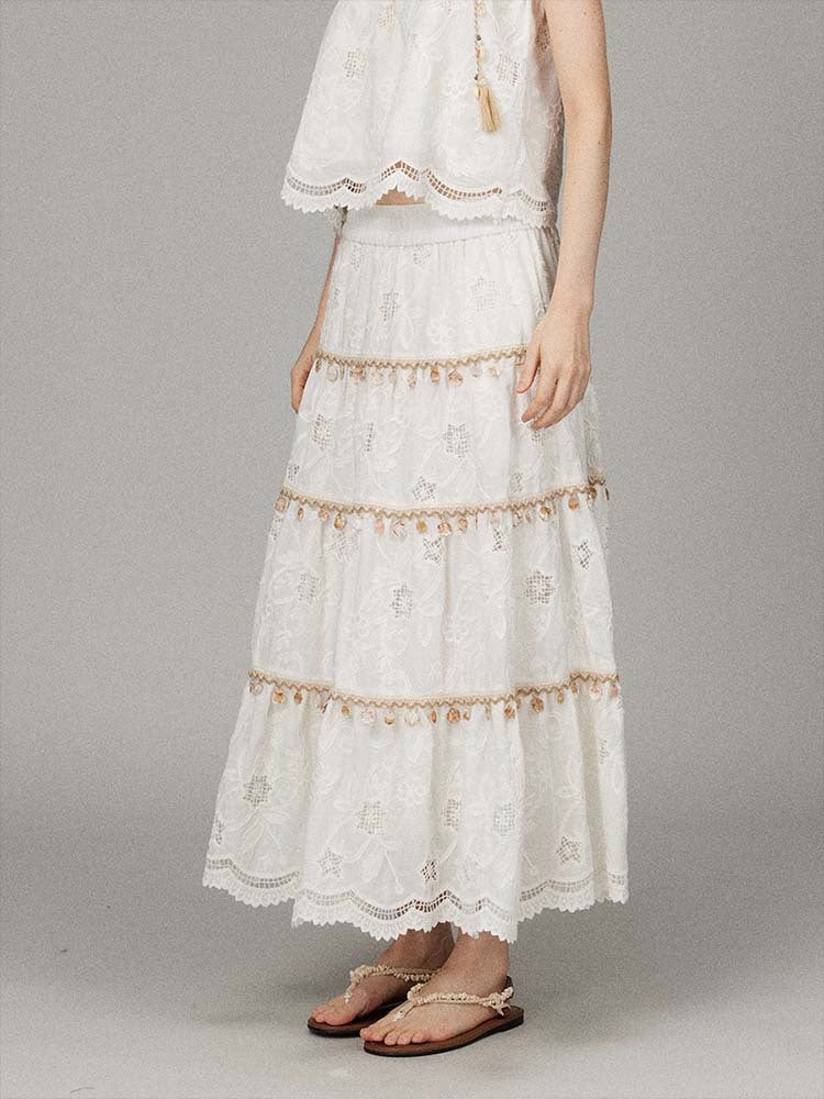 Siyuan Bohemian Heavy Industry fringed rope embroidered skirt women's 25 spring and summer vacation wind white dress 7839 - Deanwangkt