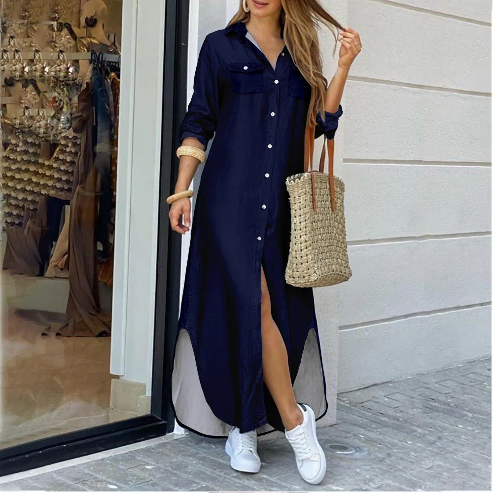 DEANWANGKT Cross-Border Women's Clothing  EBay New European and American Fall Winter Fashion Sexy Shirt Maxi Dress Women - Deanwangkt