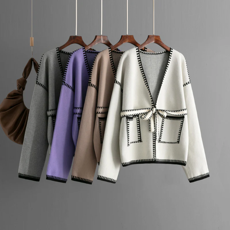 DEANWANGKT New autumn and winter new knitted cardigan women's lace-up waist pocket long-sleeved loose casual fashion outer women - Deanwangkt