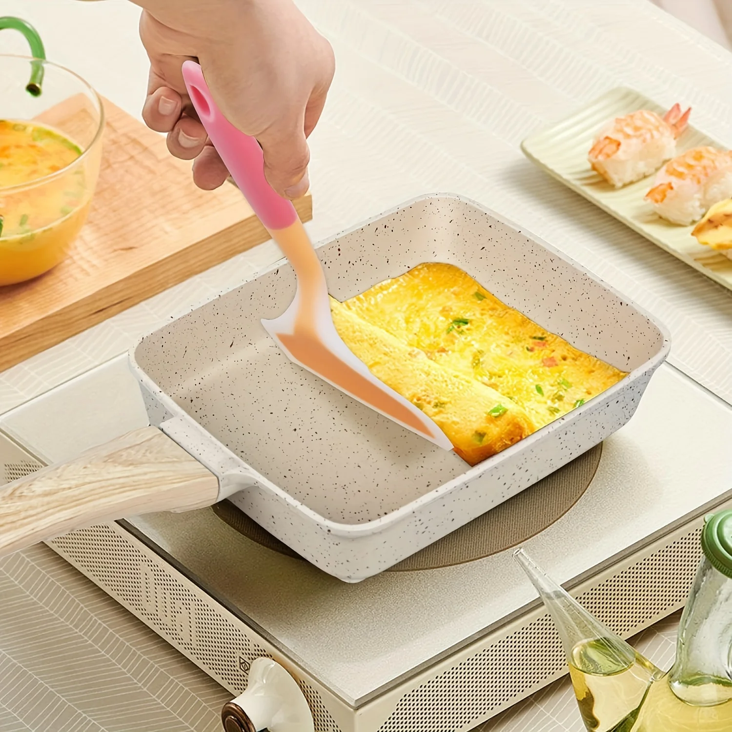 1set Japanese Frying Pan, Tamagoyaki Frying Pan, Tamagoyaki Rectangular Frying Pan, Japanese Rectangular Frying Pan, Non Stick Coated Frying Pan With Silicone Spatula And Oil Brush - Deanwangkt