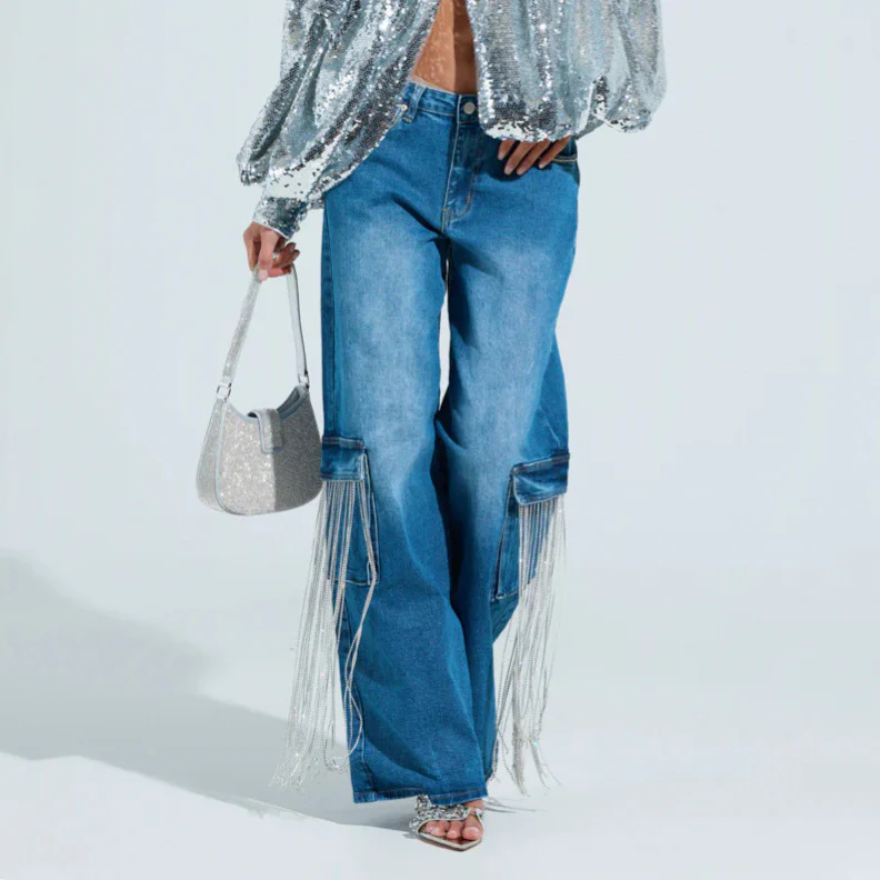 Spring new rhinestone tassel decoration Spice Girl denim straight pants women's low waist fashion  New women's clothing customization - Deanwangkt