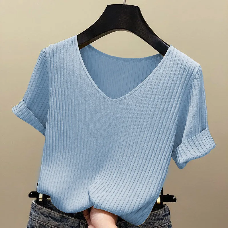 Blouse Women Blusas Mujer De Moda Verano Short Sleeve White V-Neck Knitted Shirt Tops Blusa E403 210426 - Deanwangkt