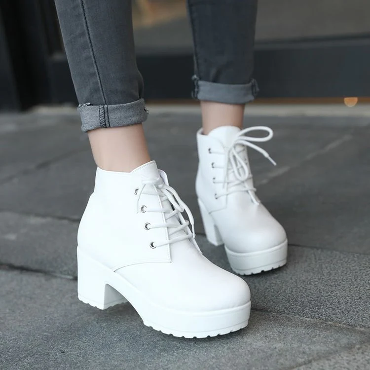 Foreign Trade Platform High Heel Chunky Heel Booties Lace-up Platform Leisure Pumps Korean Style Lightweight Simple Comfortable Leather Shoes Women - Deanwangkt