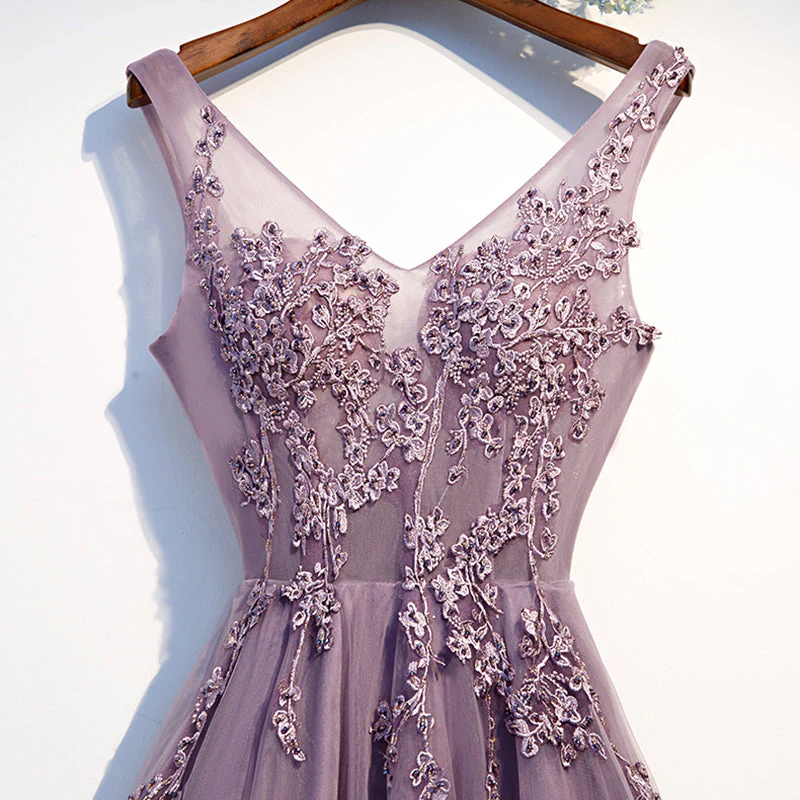 Solvbao Purple V-Neck Simple A-line Floor-length Appliques Bling Ruched Party, Formal Dresses Long Prom Dress - Deanwangkt