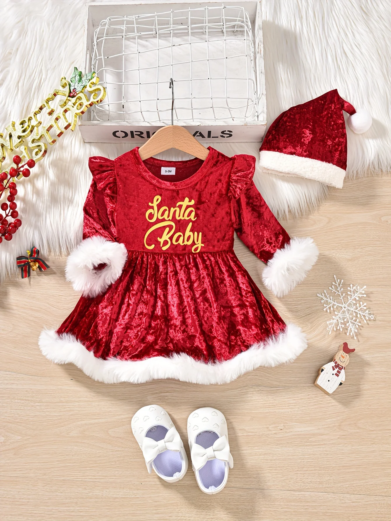 Baby's Christmas Style Fuzzy Trim Warm Long Sleeve Dress & Hat, Infant & Toddler Girl's Dress For Daily Wear/Holiday/Party, As Gift - Deanwangkt