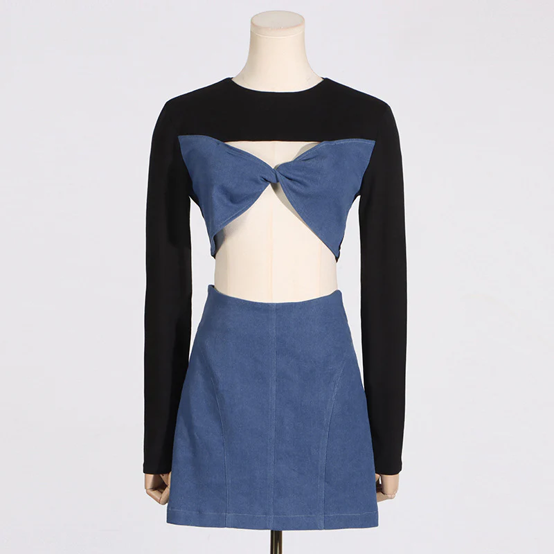 2025 hipster suit women's  spring and summer new round neck kink hollow top high waist skirt two-piece set - Deanwangkt