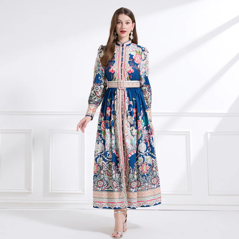 New Popular trade women's clothing  court style stand-up collar retro printed lantern sleeve ruffle edge long dress - Deanwangkt