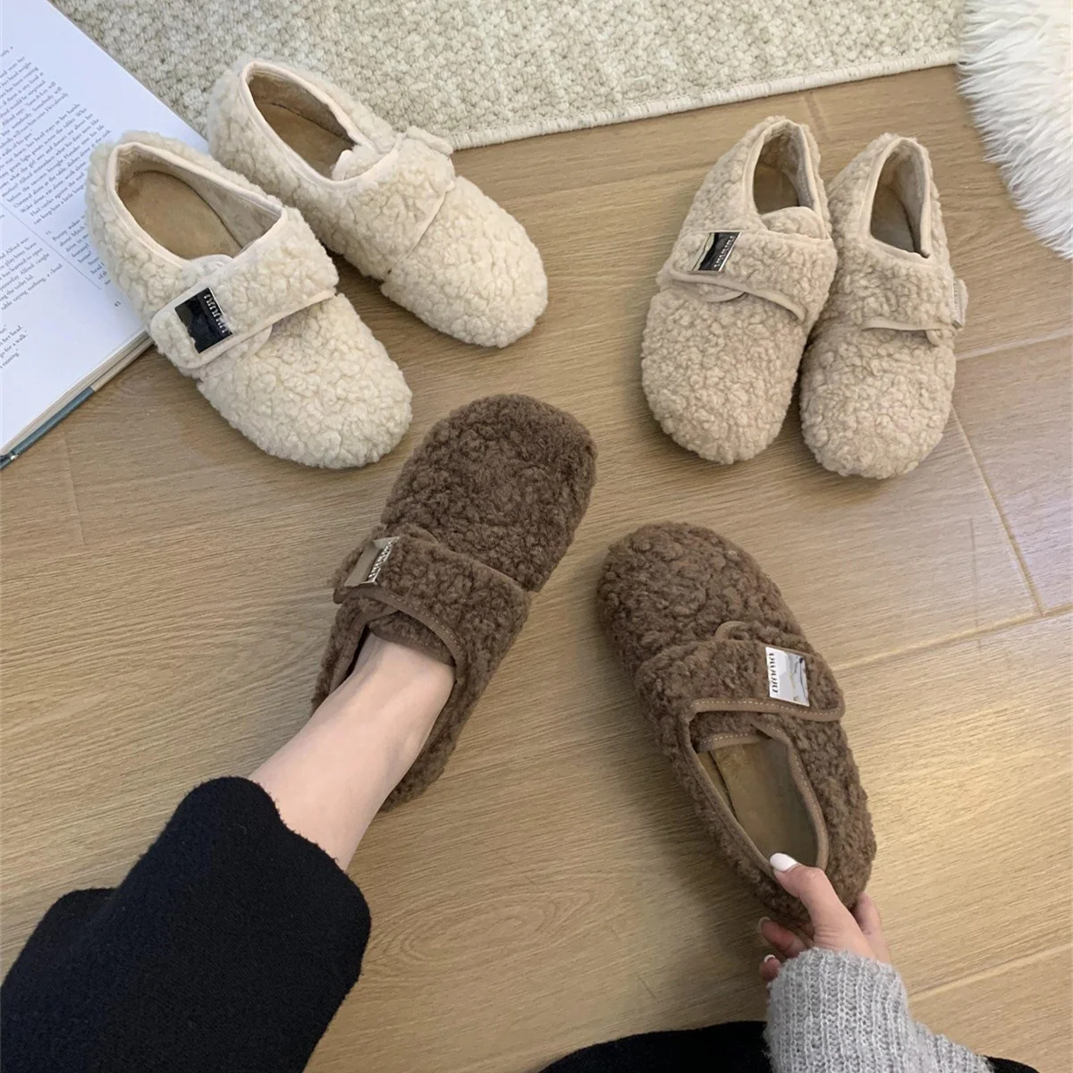 2025  niche metal buckle wool shoes women's autumn and winter outer wear velvet warm soft sole Velcro casual single shoes - Deanwangkt