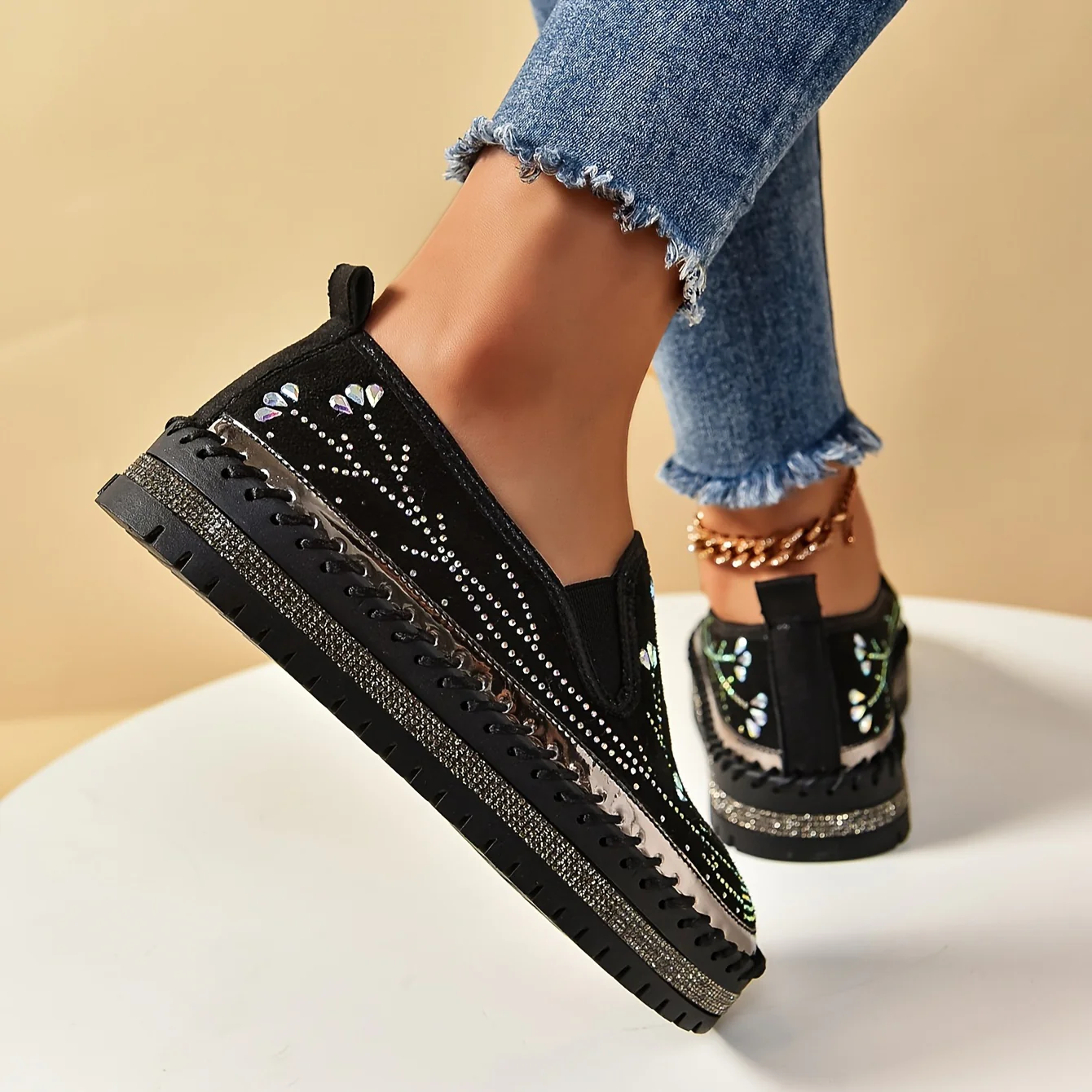 Womens Luxurious Rhinestone Decor Flatform Loafers - Elegant Round Toe, Easy Slip On, Ultra-Soft, Versatile Shoes for Outdoor Activities - Stylish Comfort for Various Occasions - Deanwangkt