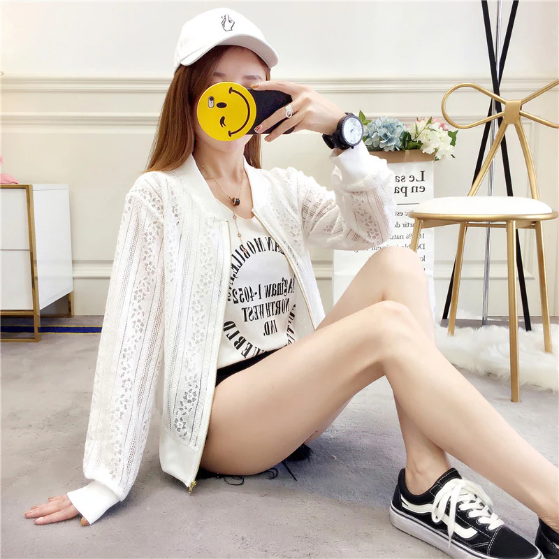 DEANWANGKT  New  Summer Long-Sleeve Lace Shirt Beach Sun Protection Clothing Women's Hollow-out Short Slim-Fit Zipper Baseball Uniform Jacket - Deanwangkt