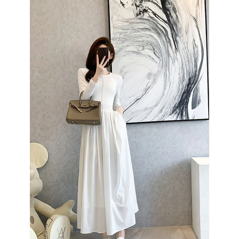 2025 Spot Yi Mengling cos wind long dress versatile new long-sleeved inner knitted waist splicing dress - Deanwangkt