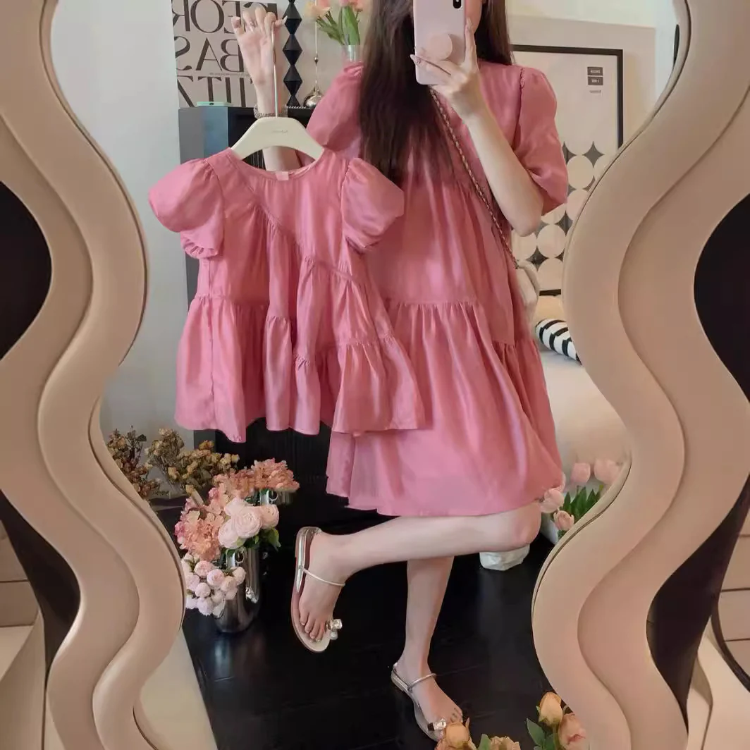 South Korea Children's Summer Clothing Parent-Child Dress Sanya Holiday Big Swing Princess Dress Girl Mother-Daughter Matching Outfit Puff Sleeve Dress Fashion - Deanwangkt