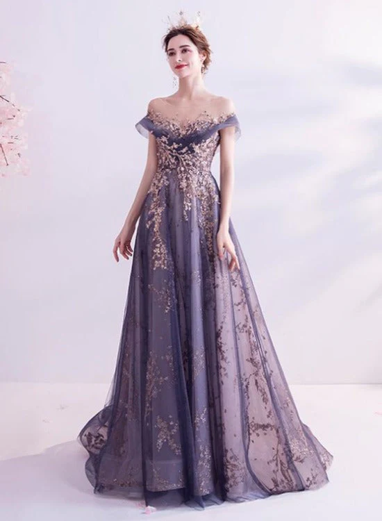 Solvbao Beautiful Purple Lace and Tulle Long Evening Dress Prom Dress, A-line Tulle Formal Dress - Deanwangkt