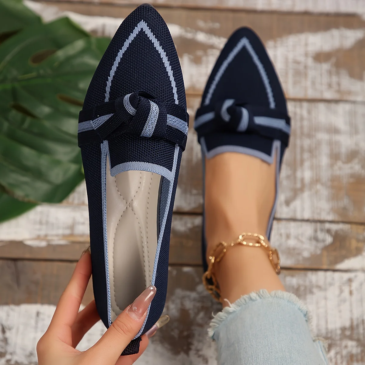Womens Chic Knot Flat Shoes - Soft Knitted Slip-Ons with Pointed Toe - Ultra-Comfortable & Breathable for Everyday Style - Deanwangkt