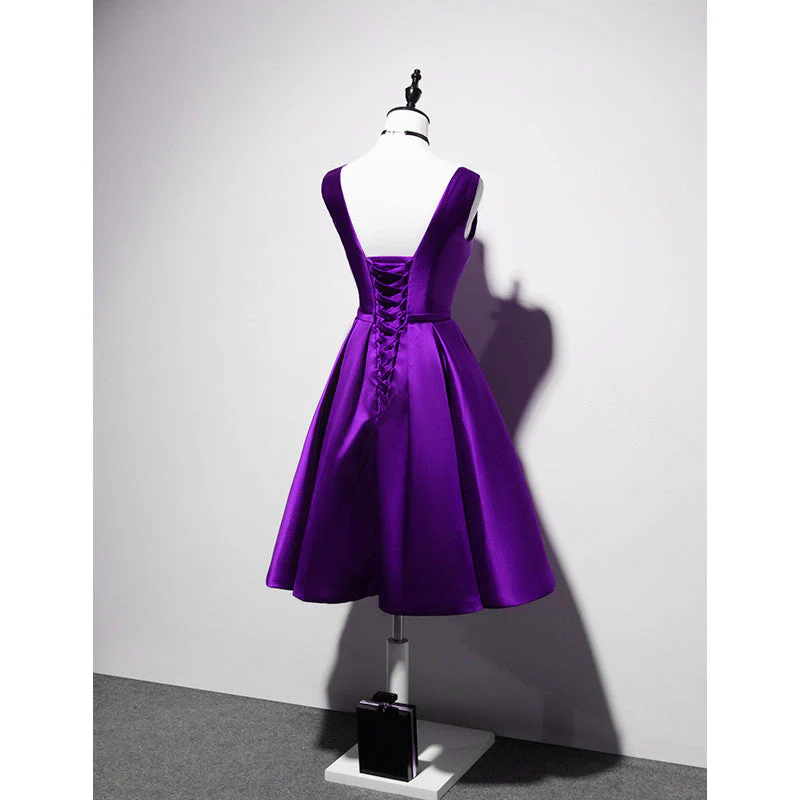 Solvbao Elegant V-neckline Satin Purple Short Prom Dress, Purple Bridesmaid Dress - Deanwangkt