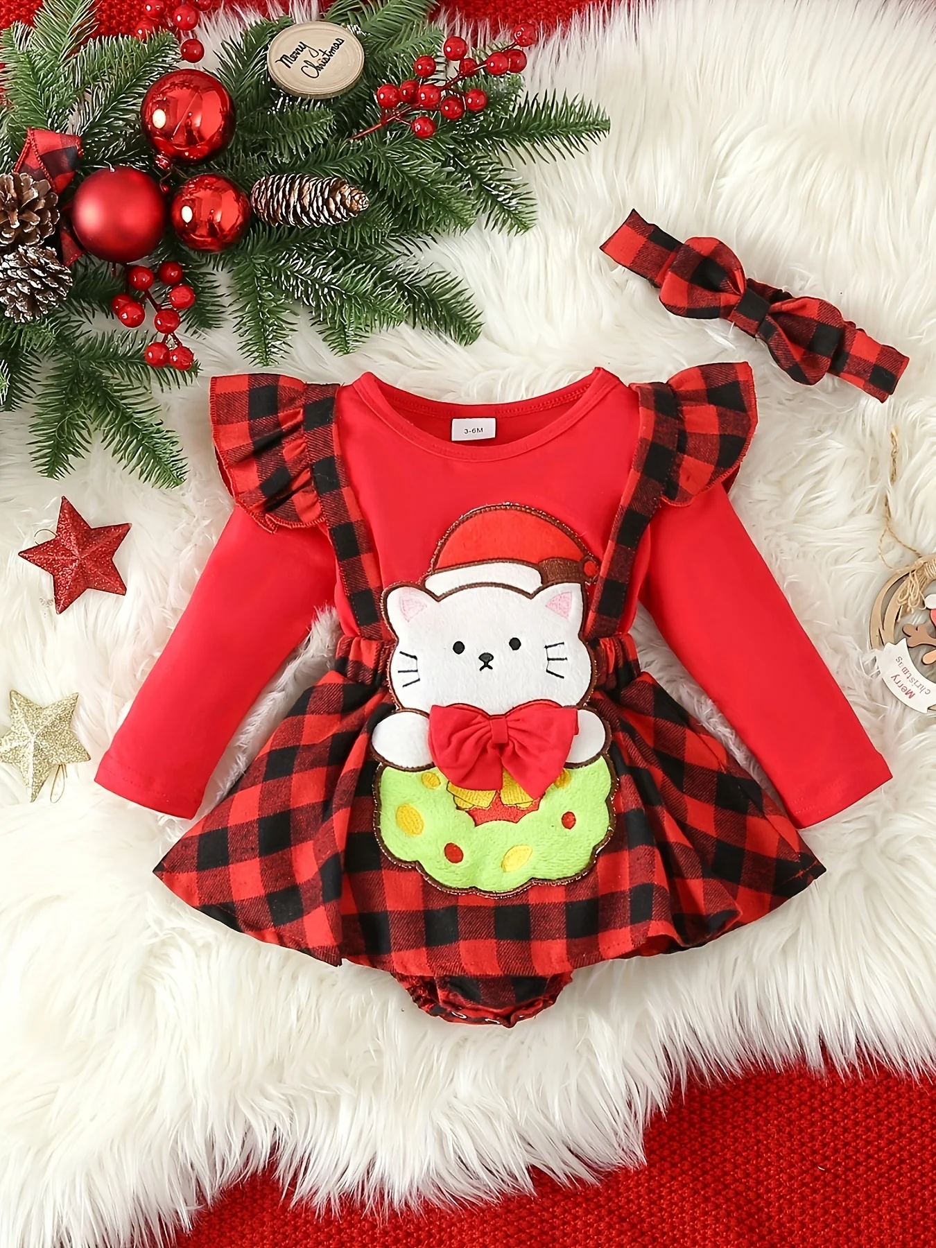 Toddler Baby Girls Christmas One-piece Romper Dress, Plaid Dress With Headband Set, Suitable For Indoor And Outdoor Wear - Deanwangkt