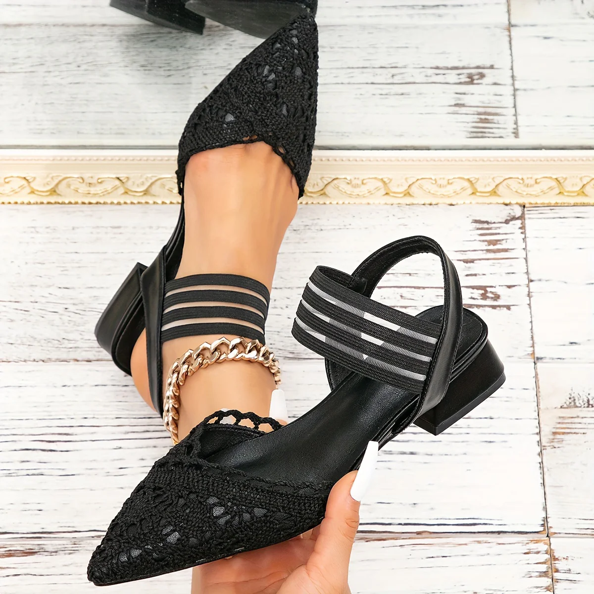 Women's Hollow Out Slingback Sandals, Classic Pointed Toe Elastic Strap Slip On Shoes, Solid Color Summer Outdoor Sandals - Deanwangkt