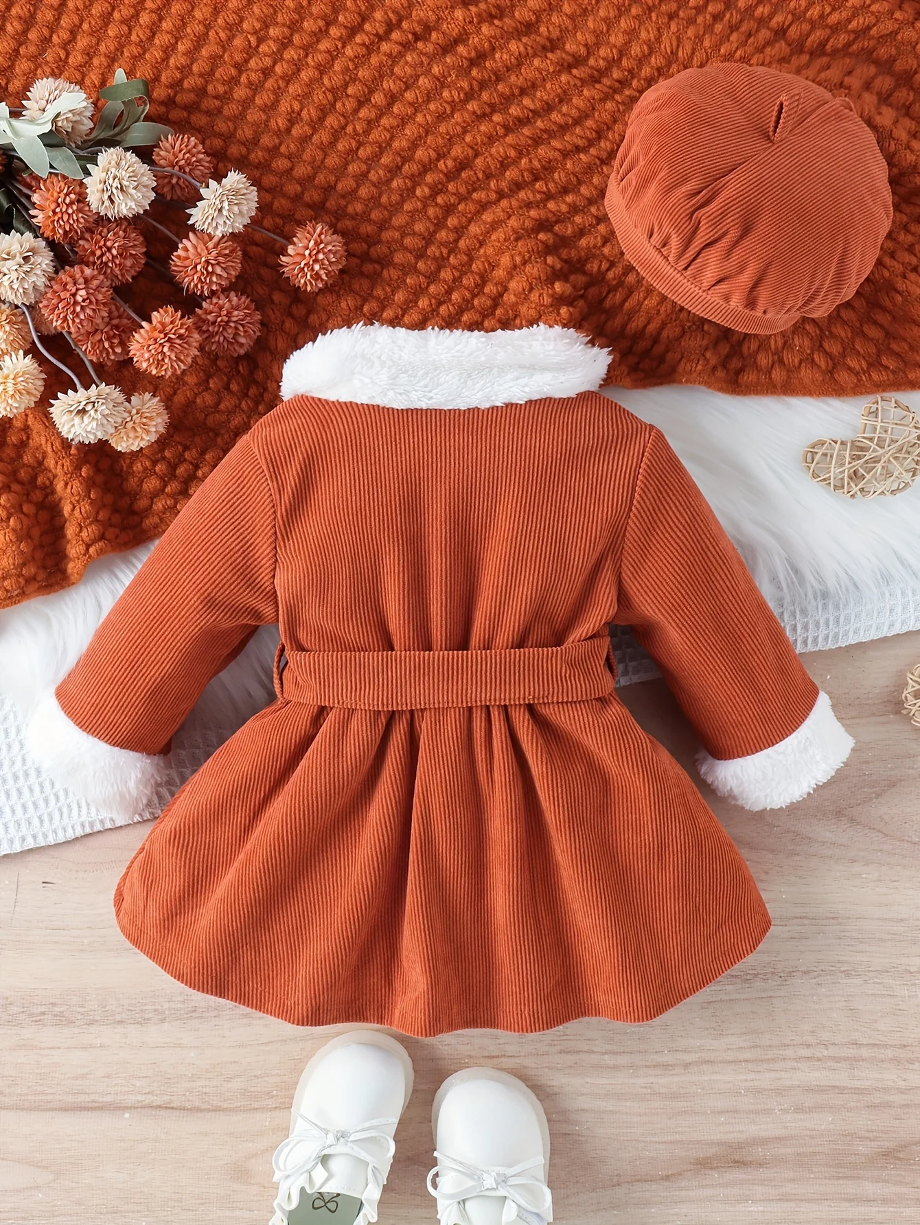 3-piece Set Infant Girl Fashion Dress with Fur Collar, Solid Color, Long-sleeved + Hat & Belt - Deanwangkt