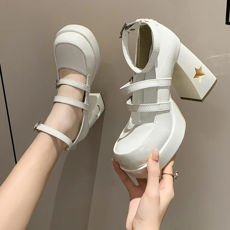 DEANWANGK  High Heels Pumps Women's Mary Jane Shoes Women's Chunky Heel Spring and Autumn Star Moon Niche Sweet Cool Hot Girl Punk Lolita Shoes - Deanwangkt