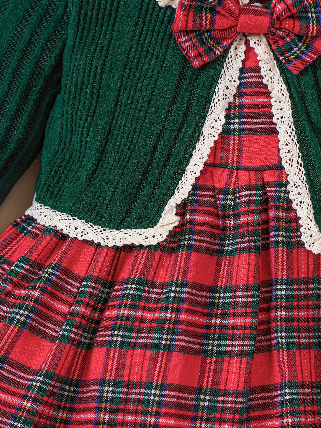 Girls 2pcs Christmas Sets Ribbed Knit Cardigan With Bow & Plaid Sleeveless Collar Dress Set For Christmas, outdoor Party, Fall - Deanwangkt