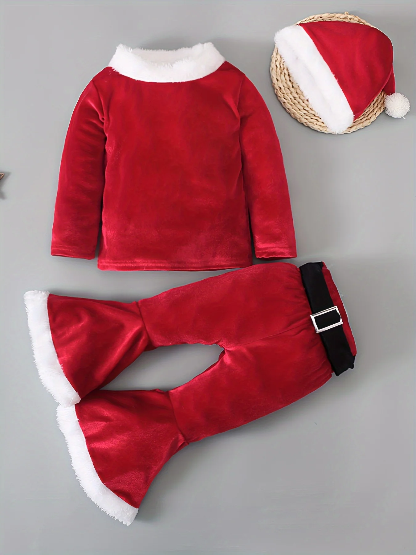 Adorable Little Girl's Festive Red Velvet Holiday Outfit - Long Sleeve Top with Flared Pants, Santa Hat, and Sparkly Details - Perfect for Christmas Parties, Family Photos, and Winter Celebrations - Deanwangkt