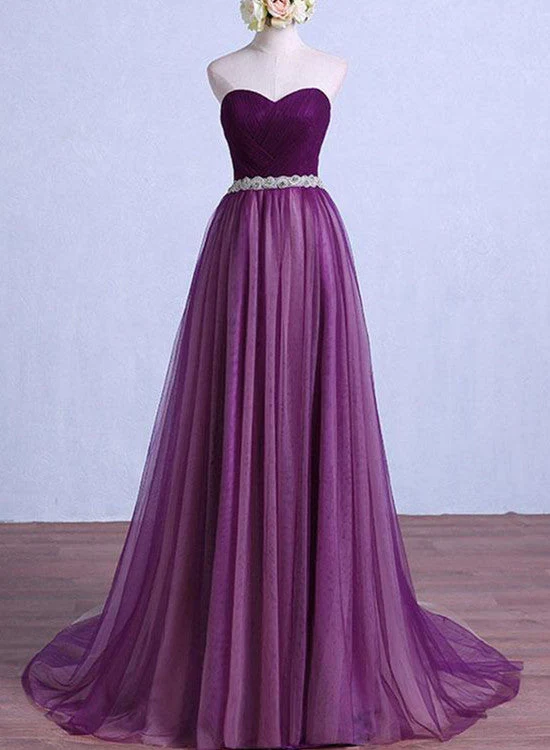 Solvbao Purple Tulle Sweetheart Long Wedding Party Dress with Belt, Purple Prom Dress Bridesmaid Dress - Deanwangkt