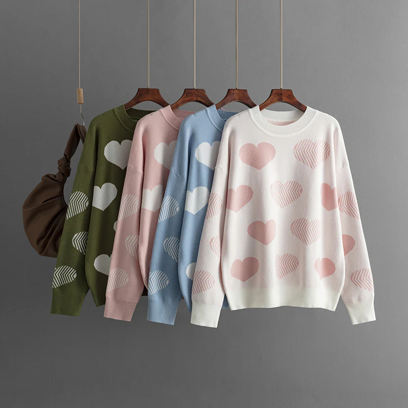 DEANWANGKT New autumn and winter 2025 new love jacquard pullover women's knitted sweater large size loose cross-border sweater women - Deanwangkt