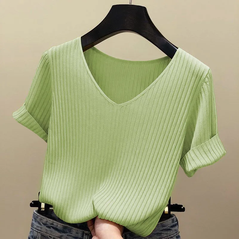 Blouse Women Blusas Mujer De Moda Verano Short Sleeve White V-Neck Knitted Shirt Tops Blusa E403 210426 - Deanwangkt