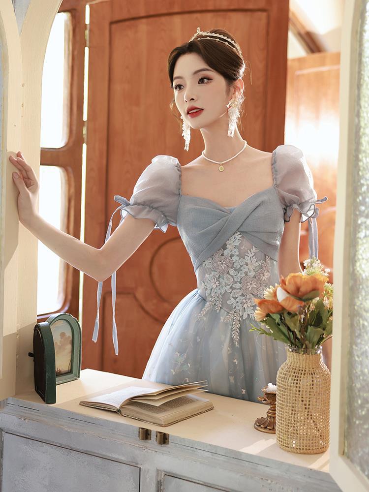 2025 Blue evening dress skirt 2025 new banquet  light luxury temperament bubble sleeve princess vocal art test performance suit - Deanwangkt