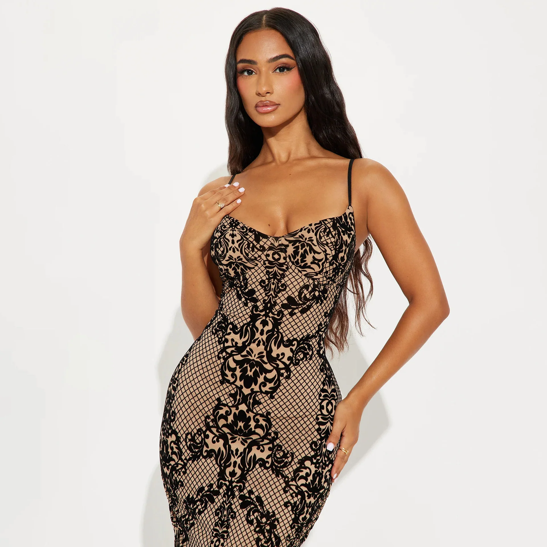 niche high-end design dress grid lace low-cut hip-wrapped tight suspender skirt female sexy hottie - Deanwangkt