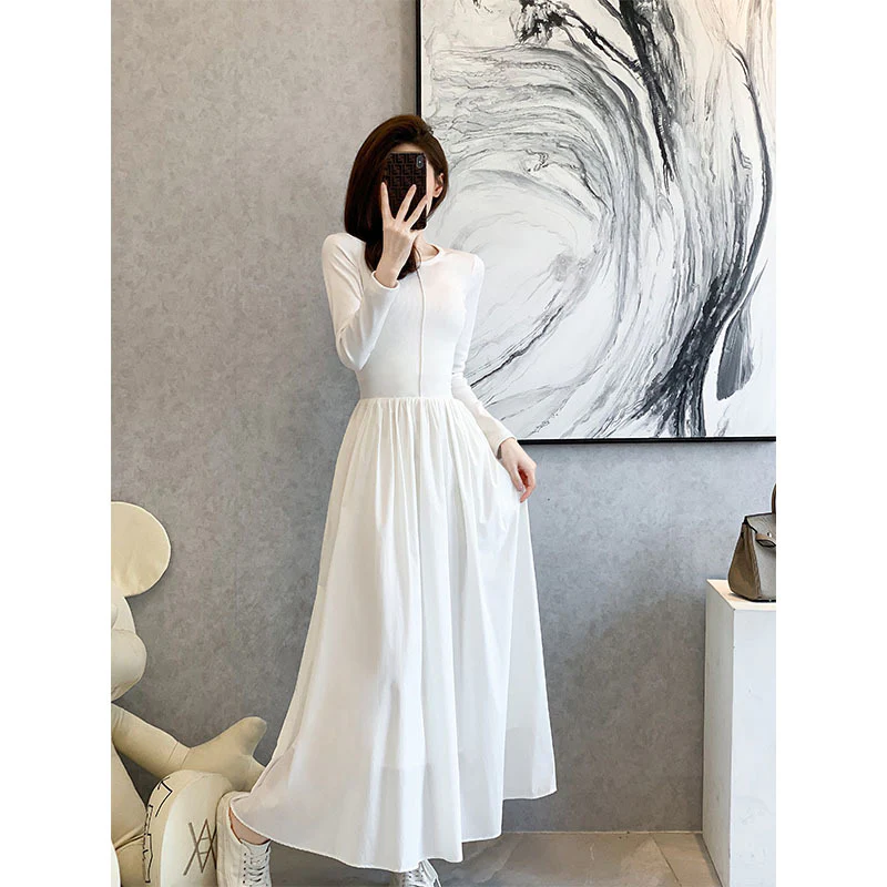 2025 Spot Yi Mengling cos wind long dress versatile new long-sleeved inner knitted waist splicing dress - Deanwangkt