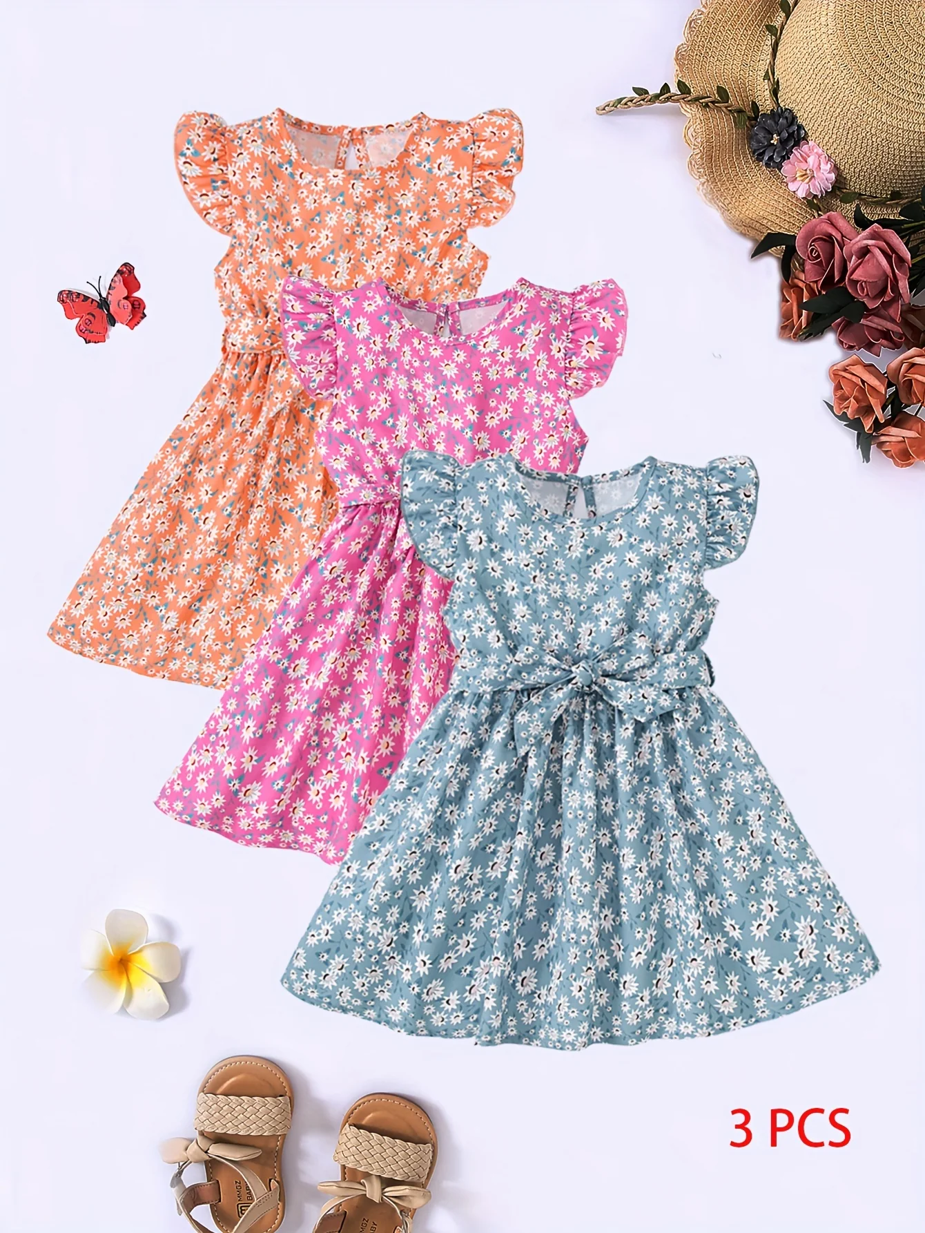 3pcs Little Princess Butterfly Floral Ruffle Trim Dresses - Adorable Belted Casual Summer Dresses for Girls - Polyester Non-Stretch Fabric, A-Line Fit, Perfect for Holiday Gift Party - Deanwangkt