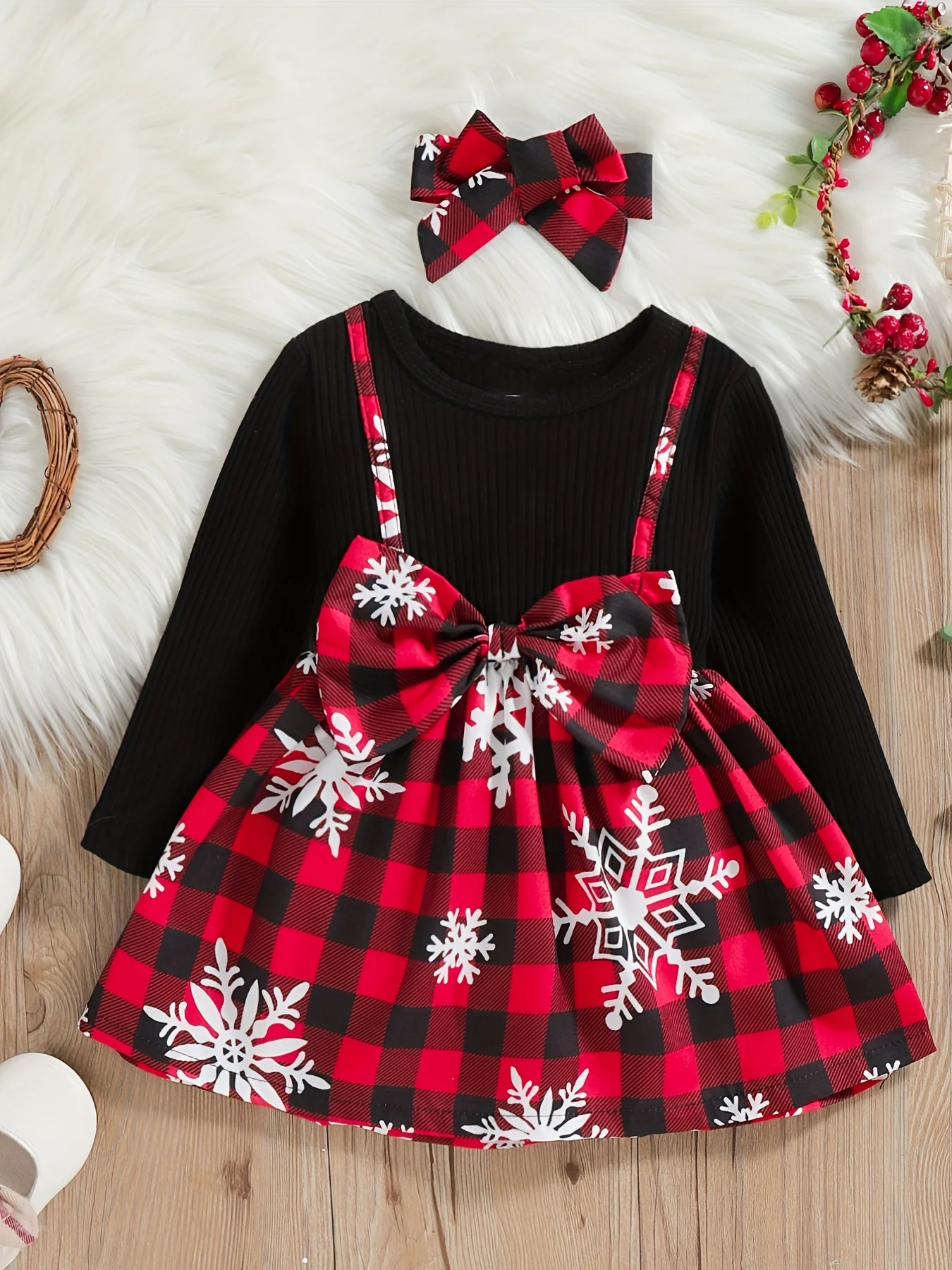 2pcs Toddler Girl's Christmas Style Cotton Ribbed Long Sleeve Dress and Headband Set - Soft, Plaid, Splicing, Spring and Autumn Wear - Deanwangkt